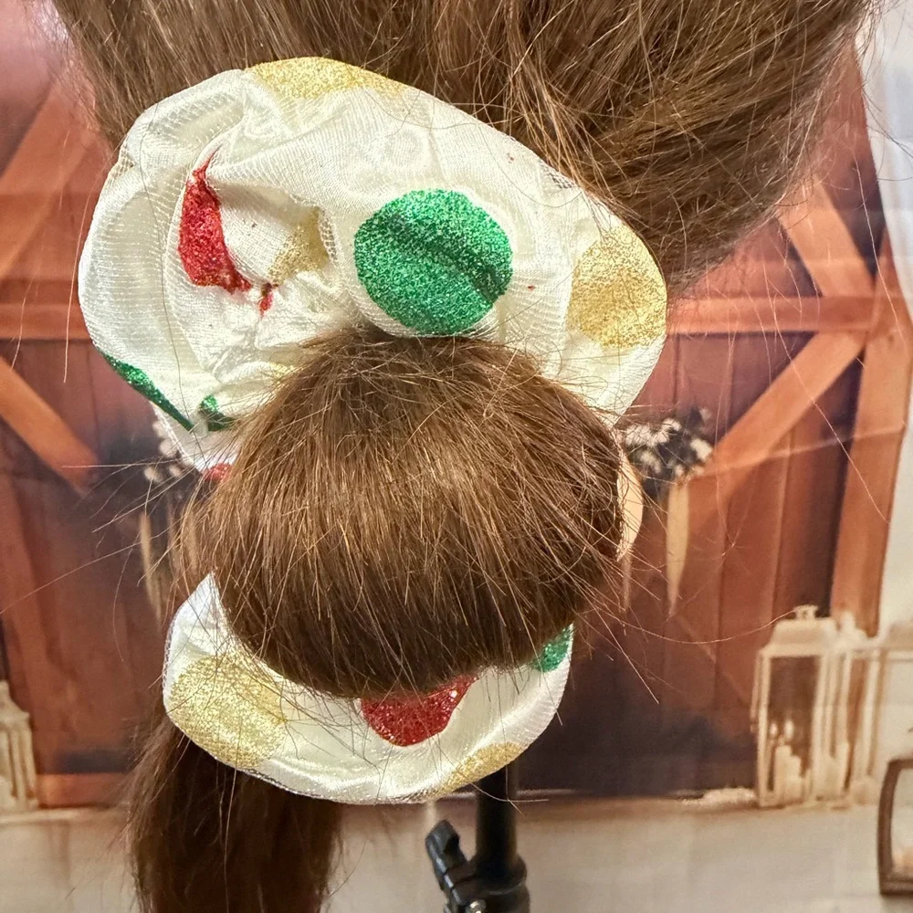 Festive Polka Dot Satin Scrunchie for Kids - White with Red & Green Dots